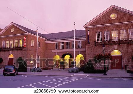 Stock Photo -  Cooperstown, Hall of Fame, baseball, NY, New York, National Baseball Hall of Fame and Museum in the evening.. Fotosearch