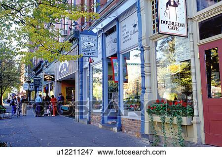 Stock Photo -  Cooperstown, New York, NY, Shops along Main Street in downtown Cooperstown, Home of Baseball, in the fall. . Fotosearch