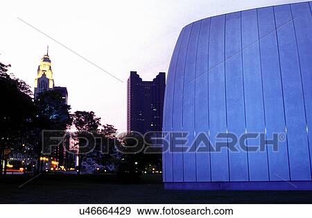 Stock Photo -  COSI, Columbus, skyline, OH, Ohio, Downtown skyline of Columbus from the Center of Science and Industry in the evening.. Fotosearch