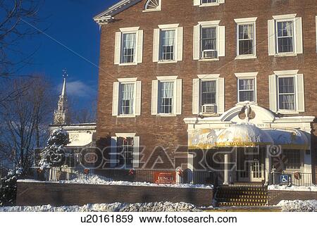 country inn, hotel, inn, resort, lodge, winter, Middlebury, The Middlebury Inn (an Historic Country Inn) on a sunny day in winter in Middlebury in Addison County in the state of Vermont. View Large Photo Image Stock Photo - country inn, hotel, inn, resort, lodge, winter, Middlebury, The Middlebury Inn (an Historic Country Inn) on a sunny day in winter in Middlebury in Addison County in the state of Vermont. . Fotosearch