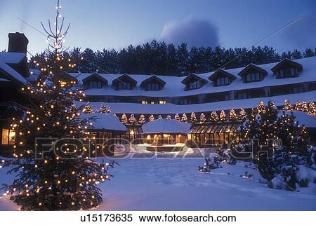 country inn, resort, Stowe, Trapp Family Lodge, TFL, Vermont, VT, Christmas lights decorate the Trapp Family Lodge in the evening in Stowe in the winter. View Large Photo Image Stock Photography - country inn, resort, Stowe, Trapp Family Lodge, TFL, Vermont, VT, Christmas lights decorate the Trapp Family Lodge in the evening in Stowe in the winter.. Fotosearch