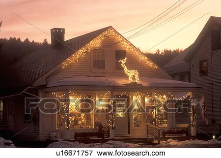 country market, Christmas, decorations, winter, snow, Country Store decorated for the Christmas holiday season in the evening in the village of Chester in Windsor County in the state of Vermont. View Large Photo Image Stock Photo - country market, Christmas, decorations, winter, snow, Country Store decorated for the Christmas holiday season in the evening in the village of Chester in Windsor County in the state of Vermont. . Fotosearch