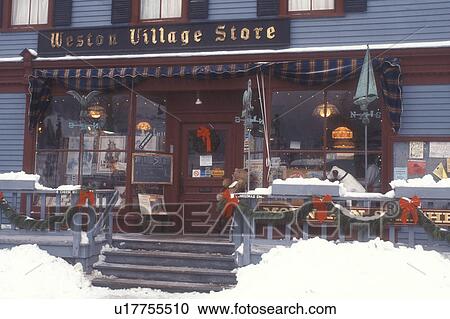 country store, Christmas, country market, decorations, holiday, winter, snow, The Weston Village Store is decorated for the Christmas holiday season on a snow covered winter day in Weston in Windsor County in the state of Vermont. View Large Photo Image Stock Image - country store, Christmas, country market, decorations, holiday, winter, snow, The Weston Village Store is decorated for the Christmas holiday season on a snow covered winter day in Weston in Windsor County in the state of Vermont. . Fotosearch