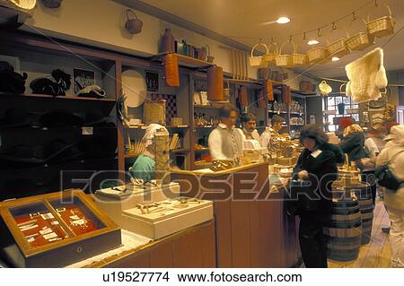 Picture -  country store, Colonial Williamsburg, Virginia, VA, Williamsburg, People shopping inside Prentis Store at Colonial Williamsburg.. Fotosearch