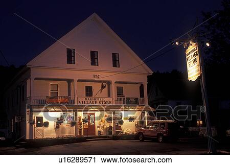 Stock Image -  country store, Marshfield, VT, Vermont, Marshfield Village Store in the evening.. Fotosearch