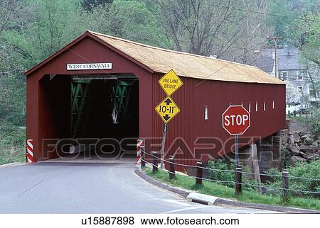 Stock Photo -  covered bridge, Housatonic Valley, Connecticut, Lichtfield Hills, West Cornwall Covered Bridge in West Cornwall, Connecticut in the spring.. Fotosearch