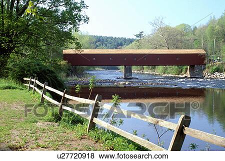 Stock Photo -  covered bridge, Housatonic Valley, Lichtfield Hills, Connecticut, West Cornwall Covered Bridge crosses the Housatonic River in West Cornwall, Connecticut in the spring.. Fotosearch