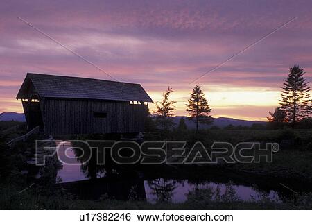 Stock Photograph -  covered bridge, sunset, Cabot, VT, Vermont, Foster Covered Bridge at sunset in Cabot.. Fotosearch