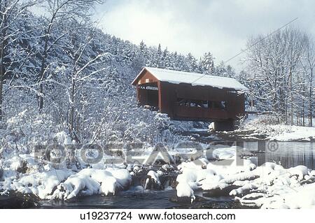 covered bridge, winter, Northfield Falls, Vermont, VT, Upper Covered Bridge crosses over Cox Brook in Northfield Falls in winter. View Large Photo Image Picture - covered bridge, winter, Northfield Falls, Vermont, VT, Upper Covered Bridge crosses over Cox Brook in Northfield Falls in winter.. Fotosearch