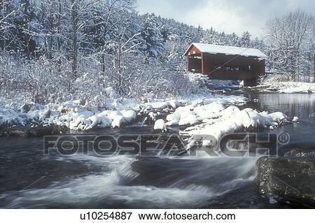 covered bridge, winter, Northfield Falls, Vermont, VT, Upper Covered Bridge crosses over Cox Brook in Northfield Falls in winter. View Large Photo Image Stock Photo - covered bridge, winter, Northfield Falls, Vermont, VT, Upper Covered Bridge crosses over Cox Brook in Northfield Falls in winter.. Fotosearch