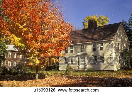 Stock Photograph -  Deerfield, MA, Massachusetts, The Berkshires, Colonial home in Historic Deerfield in the autumn.. Fotosearch