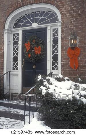 door, home, ribbon, bow, holiday, Christmas, wreath, decorations, front door, snow, winter, The entrance to an historical home in downtown Woodstock is decorated with a wreath and red bows for the Christmas holiday season in Windsor County in the state o View Large Photo Image Stock Photography - door, home, ribbon, bow, holiday, Christmas, wreath, decorations, front door, snow, winter, The entrance to an historical home in downtown Woodstock is decorated with a wreath and red bows for the Christmas holiday season in Windsor County in the state o. Fotosearch