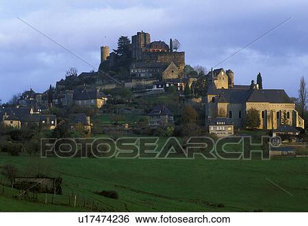 Stock Photograph -  Dordogne, Perigord, France, Limousin, Turenne, Correze, Europe, Scenic view of the medieval village of Turenne.. Fotosearch