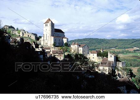 Stock Photography -  Dordogne, Perigord, Quercy, Midi-Pyrenees, France, Lot, Europe, Saint Cirq-Lapapie, Medieval castle and village of Saint Cirq-Lapapie. . Fotosearch
