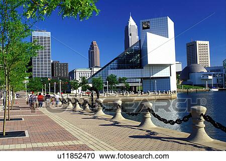 Stock Image -  downtown skyline, Cleveland, OH, Ohio, rock 'n roll, hall of fame, Rock and Roll Hall of Fame and Museum, North Coast Harbor.. Fotosearch