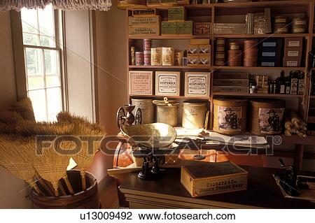 Stock Image -  Eagle, Wisconsin, WI, Interpreter inside the Thomas General Store at Old World Wisconsin a state historic site.. Fotosearch