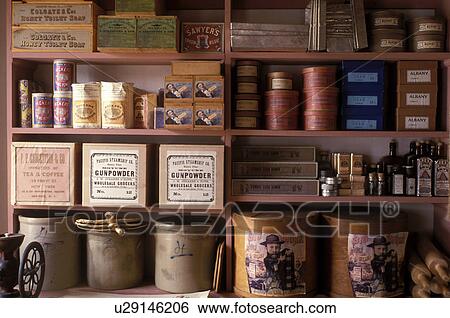 Eagle, Wisconsin, WI, Shelves stacked with merchandise in the Thomas General Store at Old World Wisconsin a state historic site. View Large Photo Image Stock Photograph - Eagle, Wisconsin, WI, Shelves stacked with merchandise in the Thomas General Store at Old World Wisconsin a state historic site.. Fotosearch