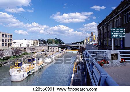 Stock Image -  Erie Canal, Lockport, New York, NY, Lock 34 & 35 on the New York State Erie Barge Canal. . Fotosearch