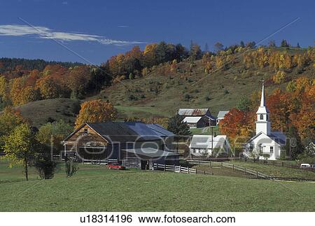 Stock Photograph -  fall, village, church, East Corinth, VT, Vermont, Scenic view of the village of East Corinth in the autumn.. Fotosearch