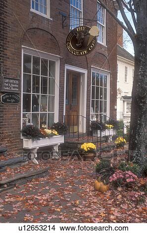 Picture -  fall, Woodstock, VT, Vermont, Shops in downtown Woodstock in autumn.. Fotosearch