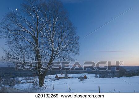 farm, winter scene, mountain, tree, moon, barn, Mt. Mansfield, Scenic view of the snow covered Mount Mansfield and Tinker Farm at dusk in winter in Fletcher in Franklin County in the state of Vermont. View Large Photo Image Stock Photo - farm, winter scene, mountain, tree, moon, barn, Mt. Mansfield, Scenic view of the snow covered Mount Mansfield and Tinker Farm at dusk in winter in Fletcher in Franklin County in the state of Vermont. . Fotosearch