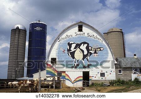 Stock Photo -  farm, Wisconsin, WI, Large painting of a dairy cow on the side of a barn in Wisconsin.. Fotosearch