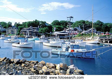 Stock Image -  fishing boats, Ogunquit, Perkins Cove, Maine, ME, Fishing boats in the harbor of the scenic fishing village of Perkins Cove on the Atlantic Ocean. . Fotosearch