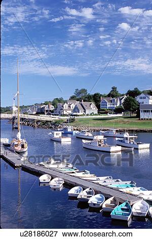 Stock Photo -  fishing boats, Ogunquit, Perkins Cove, Maine, ME, Scenic fishing harbor in the village of Perkins Cove on the Atlantic Ocean. . Fotosearch