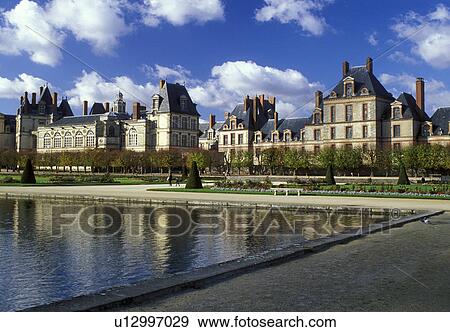 Stock Photo -  Fontainebleau, chateau, France, castle, Seine-et-Marne, Ile de France, Europe, The pool at the gardens at Chateau de Fontainebleau a 12th-century palace.. Fotosearch
