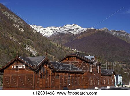France, Midi-Pyrenees, The Pyrenees, Cauterets, Hautes-Pyrenees, Europe, Scenic view of the snow capped Pyrenees Mountains from the train station in the village of Cauterets. View Large Photo Image Stock Photo - France, Midi-Pyrenees, The Pyrenees, Cauterets, Hautes-Pyrenees, Europe, Scenic view of the snow capped Pyrenees Mountains from the train station in the village of Cauterets.. Fotosearch