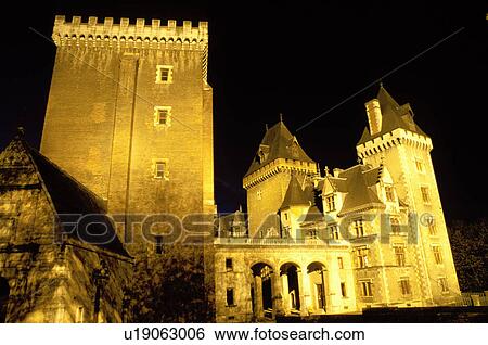 Stock Photograph -  France, Pau, castle, Aquitaine, Pyrenees-Atlantiques, Europe, Castle illuminated at night.. Fotosearch