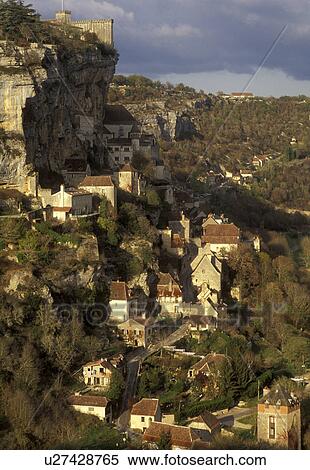 Stock Photography -  France, Rocamadour, Dordogne, Perigord, Midi-Pyrenees, Lot, medieval village, Europe, The fortified pilgrimage town of Rocamadour situated on the terraced limestone cliffs. . Fotosearch