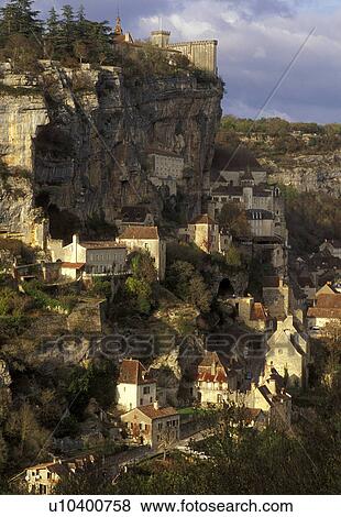Stock Photo -  France, Rocamadour, Perigord, the Dordogne, Midi-Pyrenees, Lot, Europe, medieval village, pilgrimage town, cliffs . Fotosearch