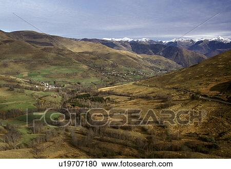 Stock Image -  France, The Pyrenees, Col d'Aspin, Midi-Pyrenees, Hautes-Pyrenees, Europe, Scenic view of the Pyrenees Mountains and countryside in Col d'Aspin.. Fotosearch