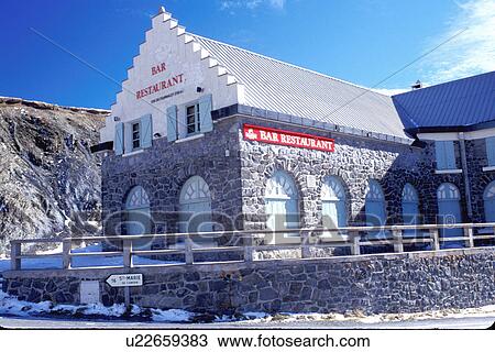 Stock Image -  France, The Pyrenees, Col du Tourmalet, Midi-Pyrenees, Hautes-Pyrenees, Europe, Restaurant on the mountain pass through the Pyrenees in Col du Tourmalet.. Fotosearch