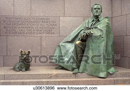 Stock Photograph -  Franklin D. Roosevelt Memorial, Washington, DC, District of Columbia, Franklin Delano Roosevelt Memorial, statue of FDR and his dog, Fala.. Fotosearch