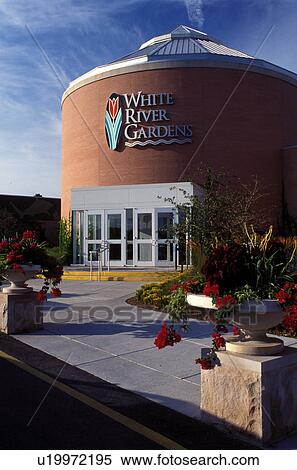 Stock Photography -  gardens, Indianapolis, IN, Indiana, Entrance to the White River Gardens at White River State Park.. Fotosearch