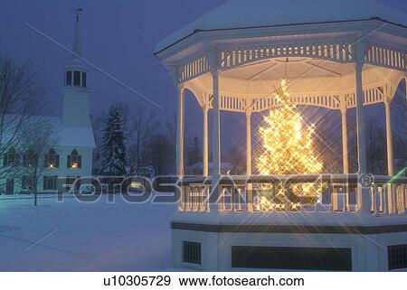 gazebo, Christmas tree, winter, church, village, snow, evening, Vermont, A Christmas tree with white lights sparkles in the gazebo on the Green with the picturesque Townshend Church in the background on a snow covered night in the village of Townshend in View Large Photo Image Stock Photo - gazebo, Christmas tree, winter, church, village, snow, evening, Vermont, A Christmas tree with white lights sparkles in the gazebo on the Green with the picturesque Townshend Church in the background on a snow covered night in the village of Townshend in. Fotosearch