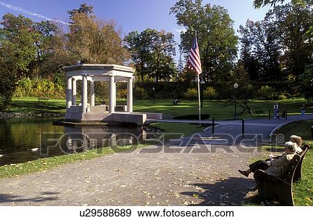 Stock Photo -  gazebo, Saratoga Springs, New York, NY, War Memorial Bandstand in Congress Park in Saratoga Springs in the autumn.. Fotosearch