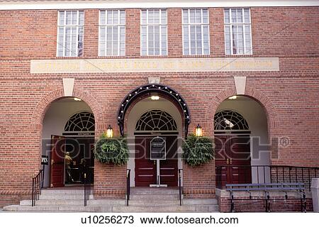 Stock Image -  Hall of Fame, baseball, Cooperstown, NY, New York, National Baseball Hall of Fame and Museum in the evening.. Fotosearch