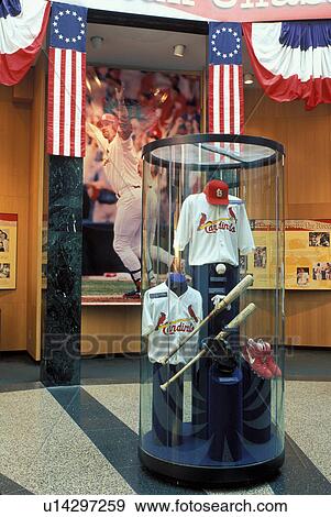 Stock Photo -  Hall of Fame, baseball, Cooperstown, NY, New York, Cardinals baseball team exhibit displayed inside the National Baseball Hall of Fame and Museum. The 2000 Great American Home Run Chase.. Fotosearch