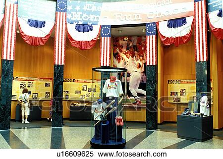 Stock Photography -  Hall of Fame, baseball, Cooperstown, NY, New York, Baseball exhibits displayed inside the National Baseball Hall of Fame and Museum. The 2000 Great American Home Run Chase.. Fotosearch