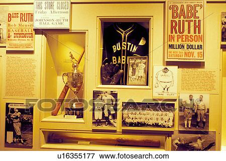 Stock Photo -  Hall of Fame, Cooperstown, baseball, NY, New York, Babe Ruth exhibit displayed inside the National Baseball Hall of Fame and Museum.. Fotosearch
