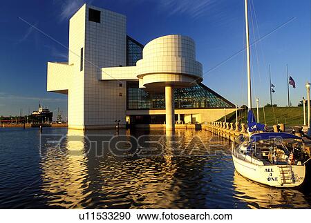 Stock Image -  hall of fame, rock 'n roll, Cleveland, OH, Ohio, Rock and Roll Hall of Fame and Museum on the waterfront of North Coast Harbor.. Fotosearch