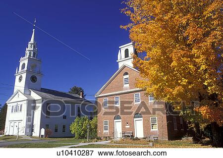 Stock Photo -  Hancock, NH, New Hampshire, First Congregational Church and Meeting House in the town of Hancock in the autumn.. Fotosearch