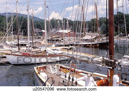 Stock Photograph -  harbor, Camden, Maine, ME, Sailboats docked in Penobscot Bay in Camden.. Fotosearch