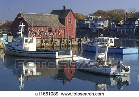 Stock Photo -  harbor, lobster boats, Rockport, MA, Massachusetts, Fishing boats docked in Rockport Harbor in Rockport in the fall.. Fotosearch