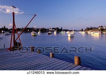 Stock Image -  harbor, Maine, Corea, ME, View of the lobster boats in the harbor from a dock.. Fotosearch