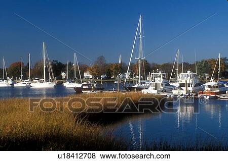 Stock Photo -  harbor, marina, Wickford, Rhode Island, RI, Marina on Narragansett Bay in Wickford in the fall.. Fotosearch