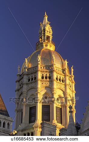 Stock Image -  Hartford, State Capitol, State House, Connecticut, CT, The ornate gold leaf dome of The State Capitol of Connecticut on Capitol Hill in the Capital City of Hartford.. Fotosearch